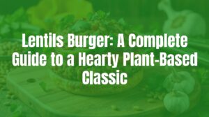 A delicious, hearty lentils burger on a wooden board, with fresh toppings, surrounded by colorful ingredients like lentils, onions, and garlic, warm and inviting lighting, realistic.