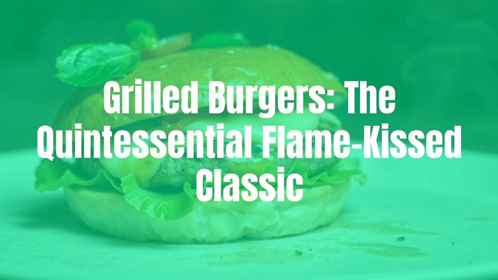 Juicy grilled burger with charred exterior, melted cheese, fresh toppings, on a toasted bun, smoky grill background, realistic.