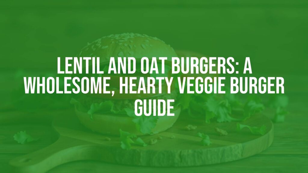 A delicious lentil and oat veggie burger on a wooden board, toasted bun with fresh lettuce and tomato, rustic background, wholesome and hearty, realistic food photography.