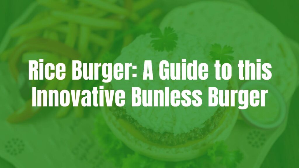 A delicious rice burger with compacted rice patties sandwiching juicy beef and fresh vegetables, top view, vibrant colors, appetizing, realistic food photography.