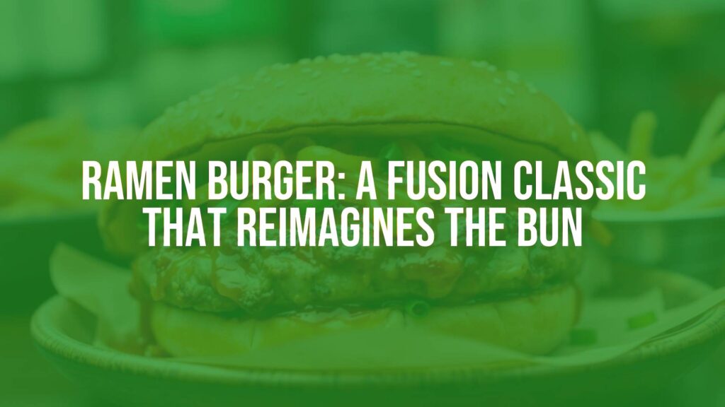 Juicy ramen burger with crispy ramen noodle buns, beef patty, scallions, and savory sauce, street-food style, vibrant colors, realistic.