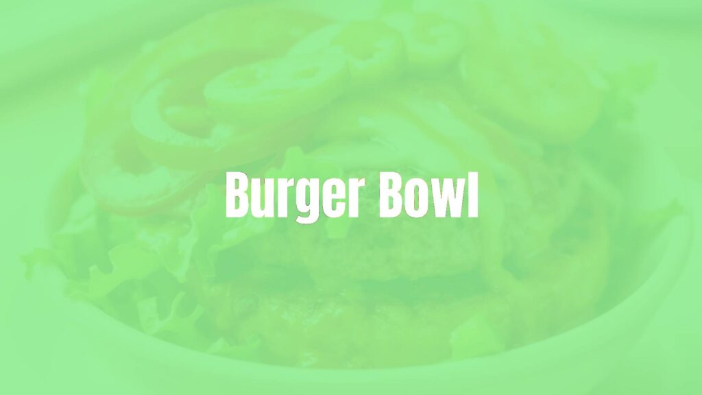 A delicious burger bowl with a juicy patty, fresh greens, tomatoes, pickles, and melted cheese, drizzled with sauce, vibrant and appetizing, realistic food photography.